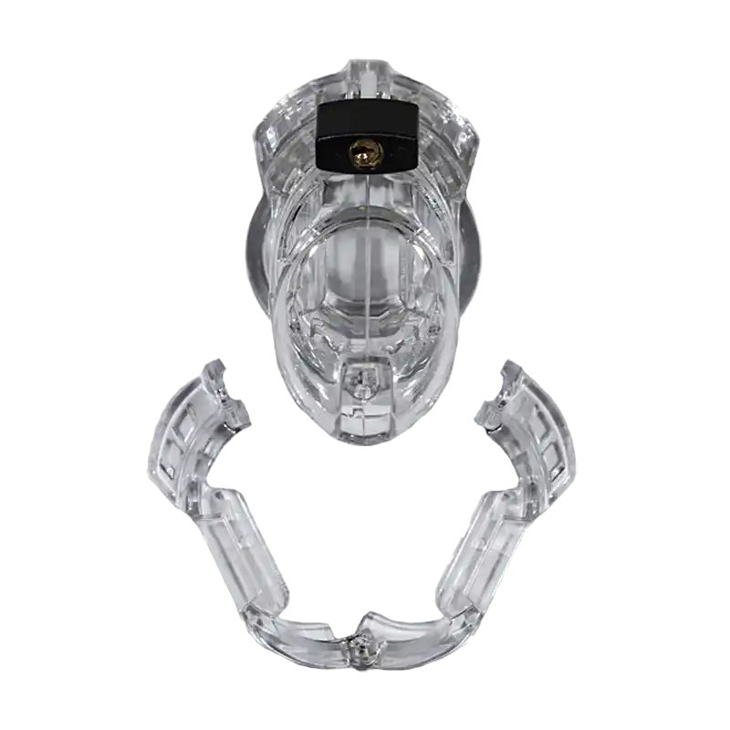 signature frontal view of The Vice chastity cage with anti-pullout opened underneath